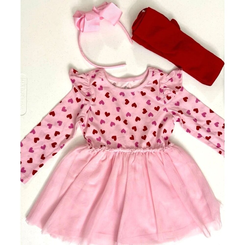 Heart Dress GIRLS SIZE 18 MONTHS 3 Piece Set Dress Tights Headband NEW